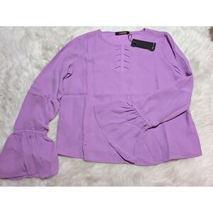 Supertrash Bell Sleeve Blouse Cutout Neck Long Sleeve Top Bright Lilac Size 36